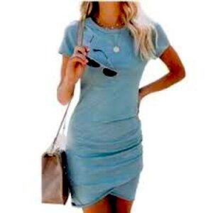 QEARAL Spring Peach Bodycon Mini Dress Ruched Side Tulip Hem Size XL**not blue